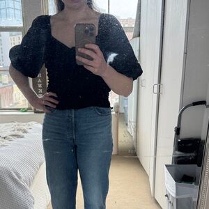 GAP Black Puff Sleeve Smocked Top